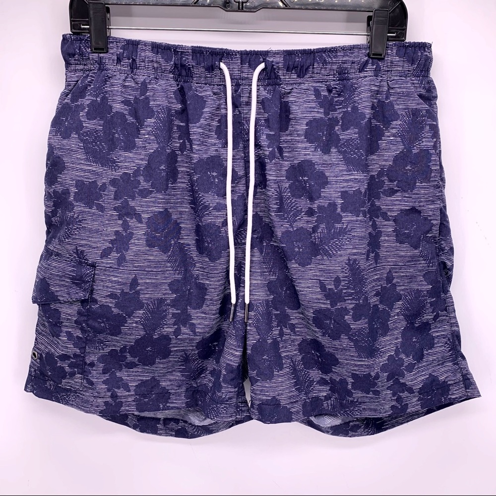 Rainforest Blue Hawaiian Flower Swim Trunks Sz S